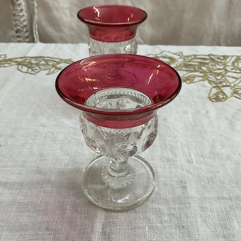 Vintage Cranberry Kings Crown Indiana Glass Cordial Liqueur Glasses Thumbprint 4